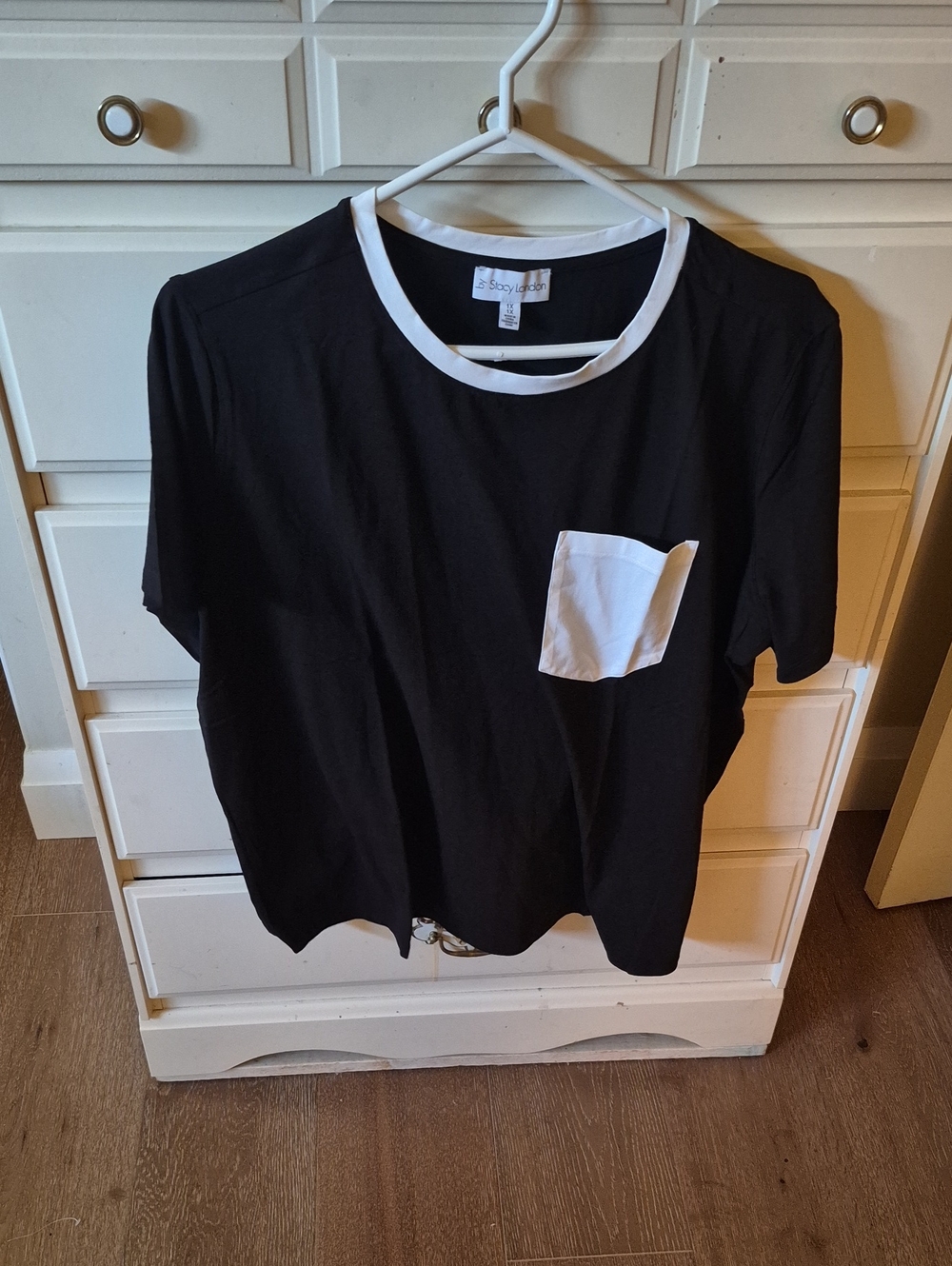Black Short-Sleeve Tee with White Trim and Pocket